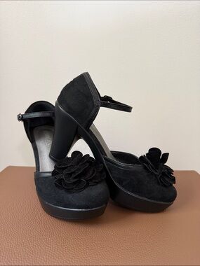Black Floral Suede Platform Mary Jane Heels for Women